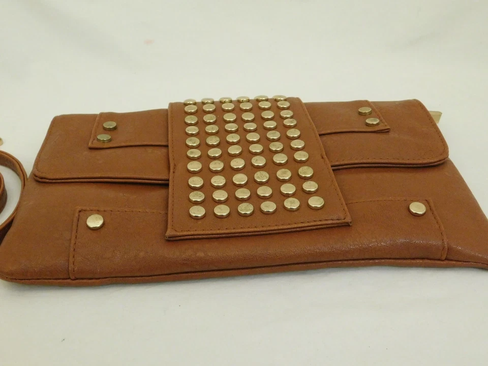 NILA ANTHONY BROWN LEATHER GOLD STUDS CLUTCH PURSE HANDBAG DETACHABLE STRAP - Image 3 of 4