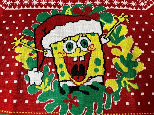 Spongebob Squarepants Ugly Christmas Sweater Mens Medium red yellow xmas
