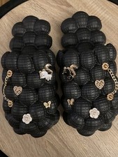 Black Bubble Slides with shoe charms Massage Slippers Non-slip Soft Sizes 6-10