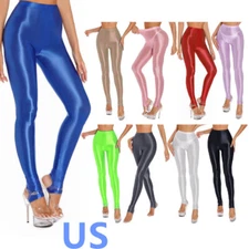 US Womens Silk Glossy Stirrup Compression Stretchy Sports Tights Workout Pants
