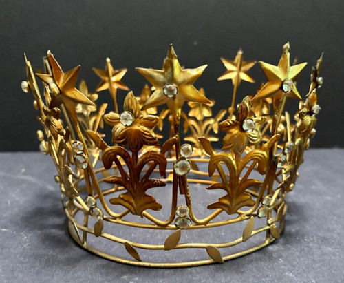 Large Santos Virgin STARS & RHINESTONES CROWN Gold Metal Lilies 6" x 5"