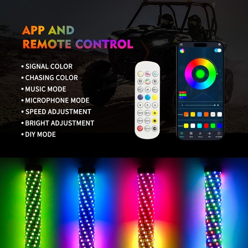 2X 3FT RGB Spiral LED Whip Lights Antenna Chase Bluetooth & Remote for ATV UTV - Picture 3 of 14