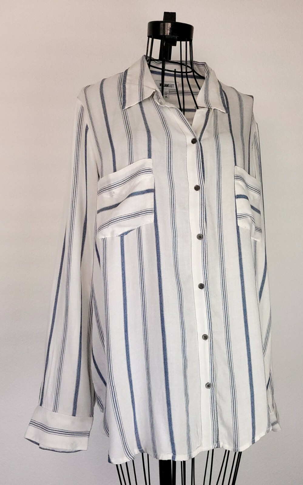 William Rast White/Blue Striped Collared Shirt Long Sleeve Top Plus Size XXL
