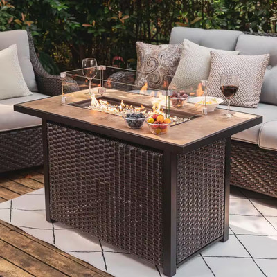 43'' 50,000 BTU Brown Wicker Outdoor Propane Gas Fire Pit Table with Glass Guard
