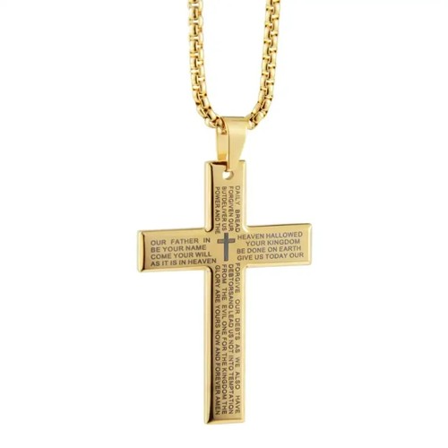 Gold Colored Stainless Steel Lords Prayer Cross And 60cm Chain Necklace AU Stock - Picture 2 of 3