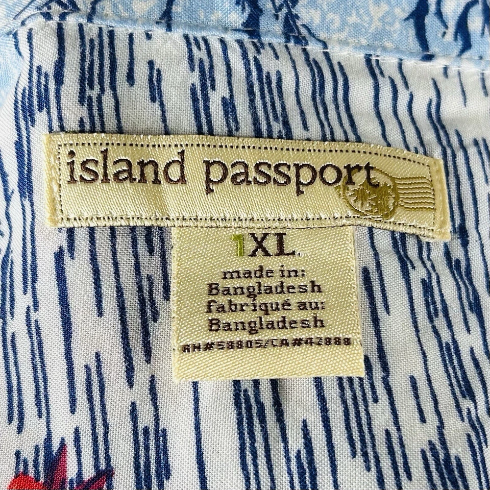 Camisa Aloha havaiana Island Passport 1XL rosa azul floral palmeiras veleiros - Imagem 3 de 4
