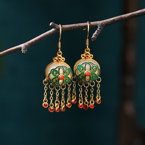 4.5CM Vintage 14K Gold Filled White Jade Enamel Craft Drop Dangle Hook Earrings - Picture 6 of 9