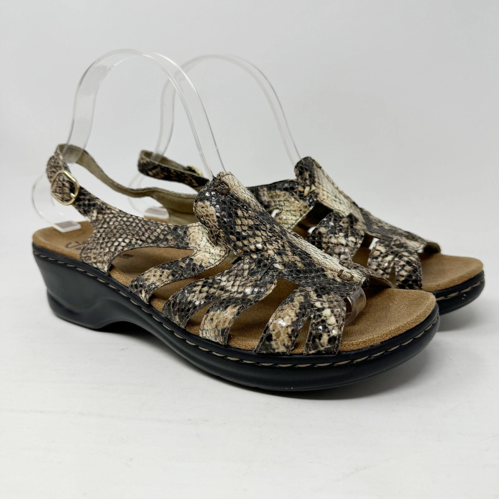 Sandali donna Clarks Lexi calendula taglia 8 5 XW marrone serpente pelle di serpente extra larghi