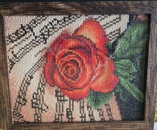 Completed Diamond Painting - Rose and Sheet Music - framed 11.5" x 9.5"