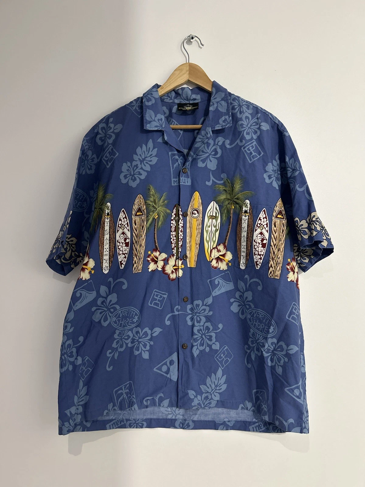 VTG Royal Creations Hawaiian Shirt Mens Large XL Blue Surfboard Print USA