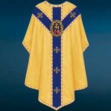 Gold Gothic Chasuble with Marian Applique Damask Fabric Vestment For Priest