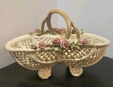 Vtg Italian Woven Porcelain Flower Basket Mid Century Capodimonte Style Italy