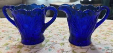 RARE Vintage Cobalt Blue Mosser Glass Inverted Thistle Cream & Sugar Set