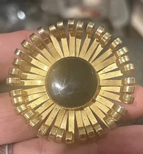 Vintage Black Curly Petal Flower Gold Tone  Brooch Black Glass