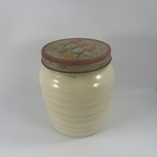 Vintage Ivory Ribbed Fire King Beehive Grease Jar Metal Lid with Tulip Design