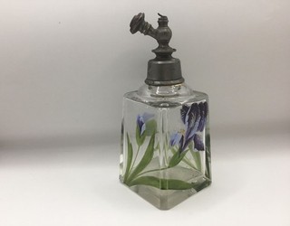 Antique Art Nouveau Large Glass Perfume Bottle Hand Enamelled With Irises 6 1/2