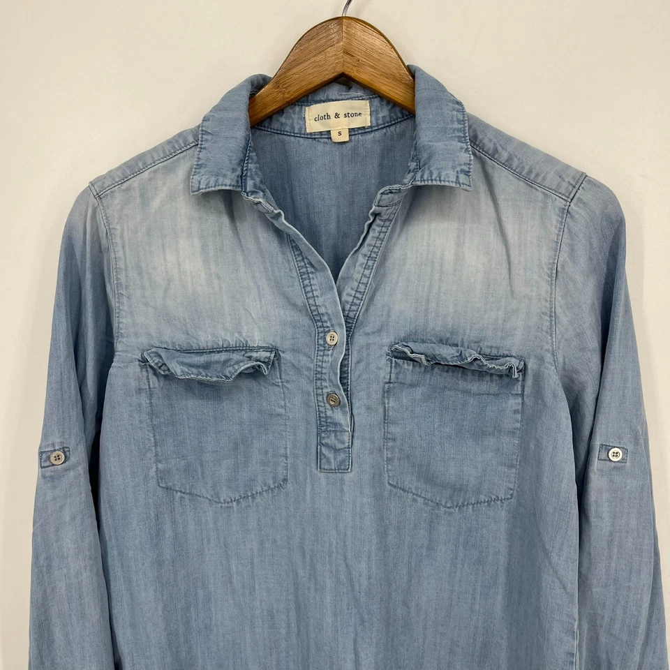 Camisa de tela y piedra manga larga con botones para mujer S azul pulóver de algodón vaquero Foto 2 de 4