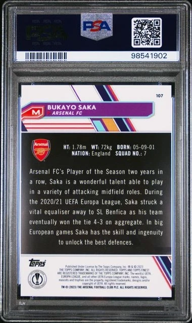 2022-23 Topps Finest UEFA #107 Bukayo Saka Orange /25 PSA 10 Arsenal - Image 2 of 2