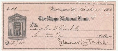 RARE Signed Bank Check - Edmund C Tarbell  American Impressionist Painter 1923
