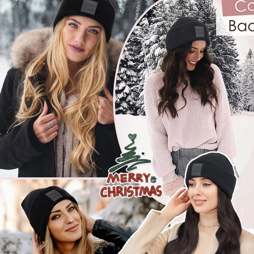 18in Beanie Hat Wig with Hair Attached Long Wavy Black Winter Knitted Hat Warm M - Image 2 of 4