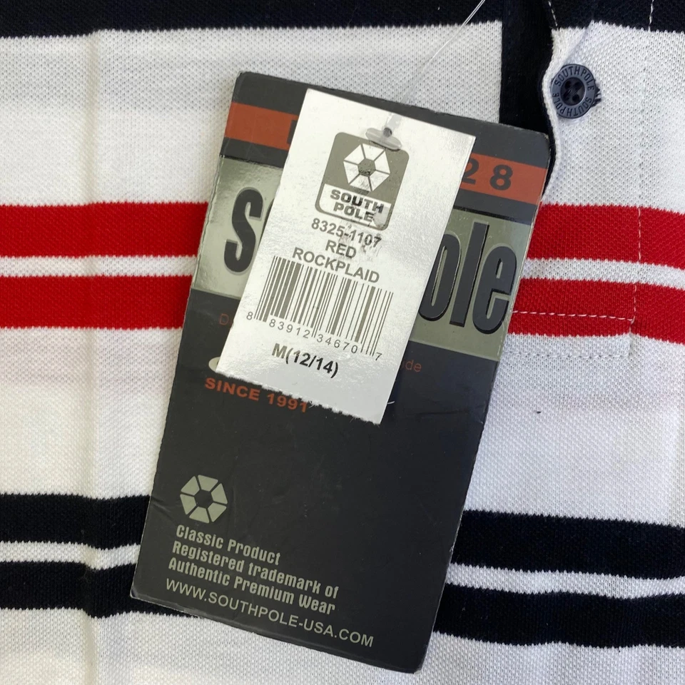 Camisa Polo Southpole Niños Niños Mediana M (12-14) Roja Blanca Negra Rayas Dorado Logo Foto 4 de 4