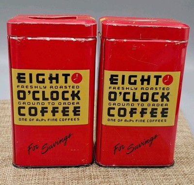 Vintage Eight O'clock Coffee A&P Lot of 2 Advertising Small Tin Coin Bank