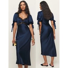 Reformation x Stacey Musgraves Stella Lace Trimmed Silk Dress Navy NEW with tag