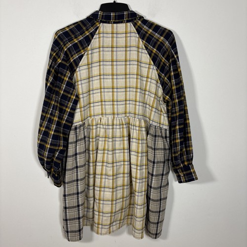 Abito camicia babydoll Peach Love flanella a quadri grande strati autunno blu grigio giallo - Foto 8 di 9