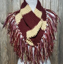 NEW Hand Knitted Cowl Scarf Burgundy Beige Boho Hippie Indie Artsy Mod Cozy
