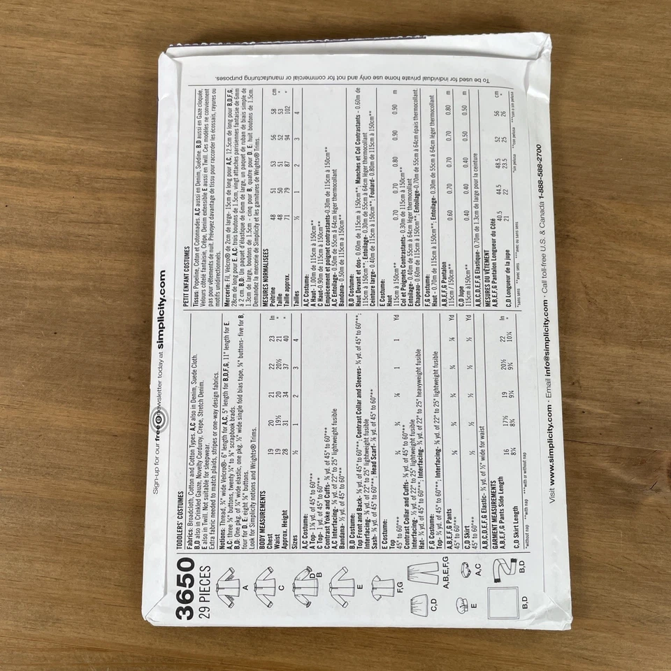 Uncut Simplicity Sewing Pattern 3650 Toddlers Pirate Cowboy Costumes Size: 1/2-4 - Image 3 of 4