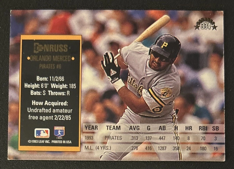 1994 年 Donruss Orlando Merced 棒球卡 #334 海盗/1B FR/GD — 第 2/2 张图片