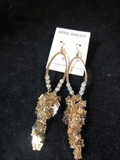 Gold Tone Rhinestone Butterfly Tassel Earrings French Wire New