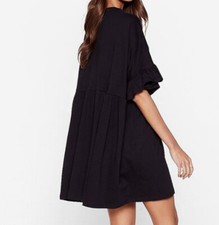 Nasty Gal Black Smocked Ruffle Oversized Mini Dress Size 0 Short Sleeve