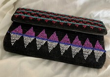 Nanette Lepore Colorful Bead Accented Black Knit Leather Edged Foldover Clutch