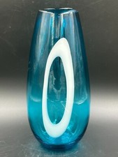 NEXT TEAL GREEN GLASS HAND PAINTED WHITE MODERN ABSTRACT LARGE DECORATIVE VASE