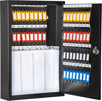 64-Key Wall-Mount Metal Key Cabinet Organizer with Tags - Black Lock Box