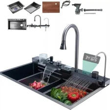 30X18 INCH Two Waterfall Smart Kitchen Sink with Digital Display Pull-Out Faucet