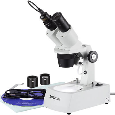 AmScope 10X-20X-30X-60X Stereo Microscope w USB Digital Camera Top/Bottom Lights