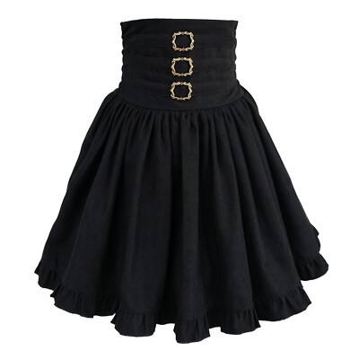 Vintage High-Waist Lolita Skirt Decorative Buckles Ruffled Hem Gothic Midi Skirt