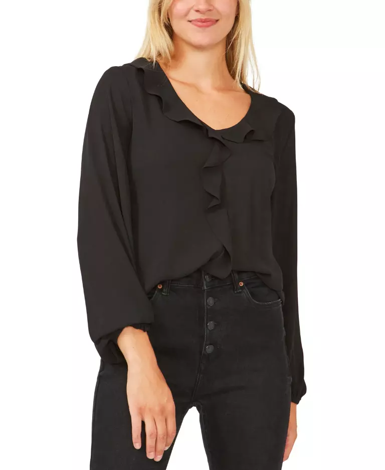 Vince Camuto Ruffle Neck Long Sleeve Georgette Blouse in Rich Black Size S