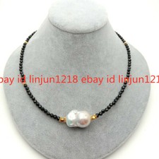 Natural 4mm Faceted Black Spinel 15-20mm White Pearl Necklace 18''
