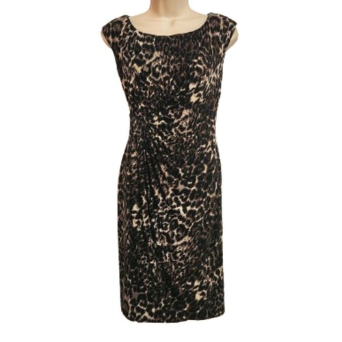 Connected Petite Leopard Print Faux Wrap Sheath Stretch Dress Tan/Black Size 6 P