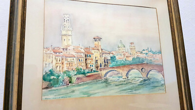 Aquarell Verona Italien Dom Römerbrücke Etsch Romeo und Julia Gemälde Venetien