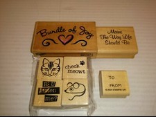ASST WOODEN RUBBER STAMPS: CAT/MOUSE, BUNDLE JOY, MAINE, TO/FROM, LOT OF 7, NNB