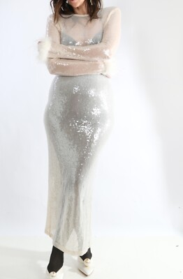 Cream Sequin Feather Maxi Dress Sheer Long Sleeve Unlined Gala Gown Sz M |  eBay