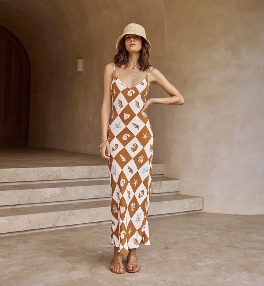 DISSH Dress Mele Shell Midi Slip Dress - Size 10 - Tan Brown Tiles Long