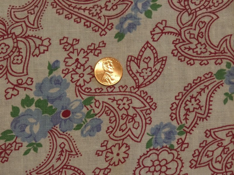 Vtg Cotton Feed Sack Fabric, Burgundy Etched Leaf & Flower, Blue Roses 43 x 36.5