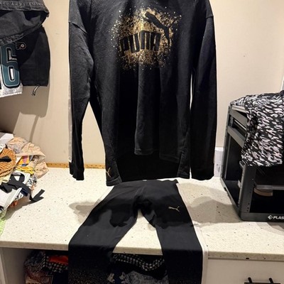 Puma Black and Gold Splatter Hoodie and Leggings Tracksuit Set
