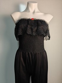 Vintage Small Black Nylon Strapless Harem Jumpsuit Smocked Bodice Lace Trim EVC