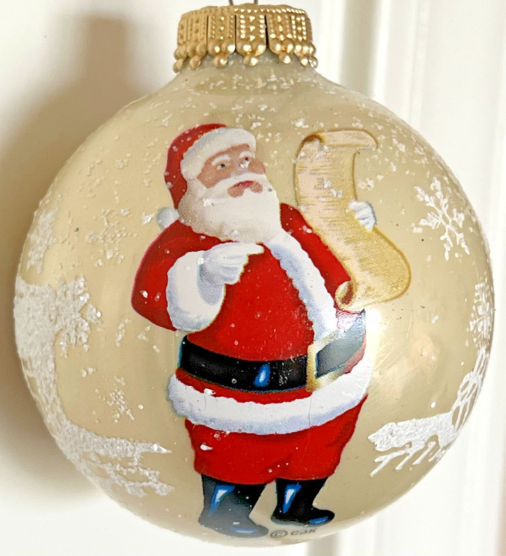VTG Krebs Glass White Pearl Ball Ornament Santa w/Nice List 2.5" Mica Snowflakes
